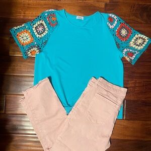 Turquoise crochet sleeve top